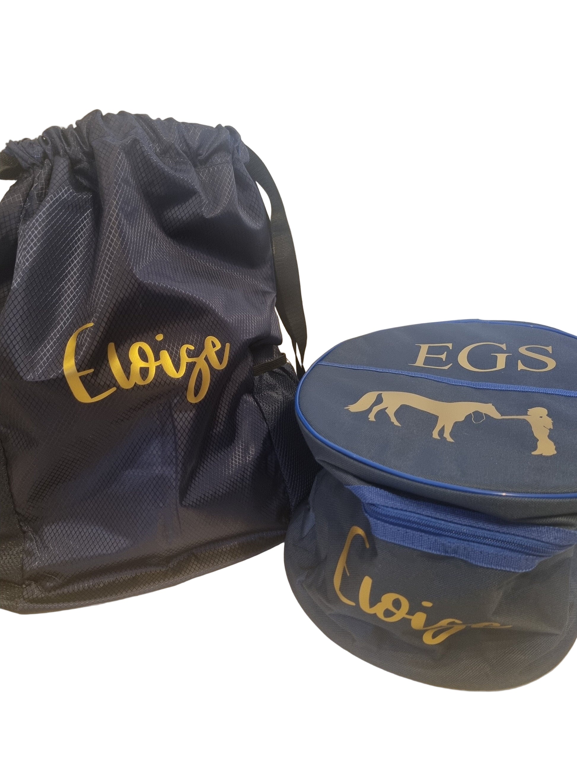 A personalised navy blue horse riding bag with gold text and a horse silhouette design, displayed next to its matching blue drawstring closure.