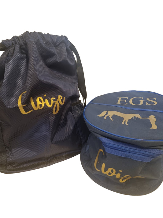 A personalised navy blue horse riding bag with gold text and a horse silhouette design, displayed next to its matching blue drawstring closure.