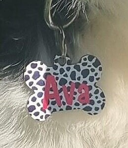 Pet tag, ID tag, name tag, contact details.. bone shape spotty Dog