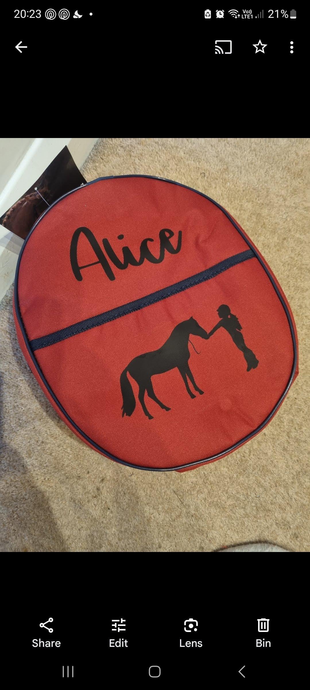 Personalised Horse riding -  hat Lined bag with a front pouch- Birthday Gift Red equestrian pony