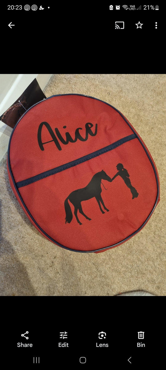 Personalised Horse riding -  hat Lined bag with a front pouch- Birthday Gift Red equestrian pony
