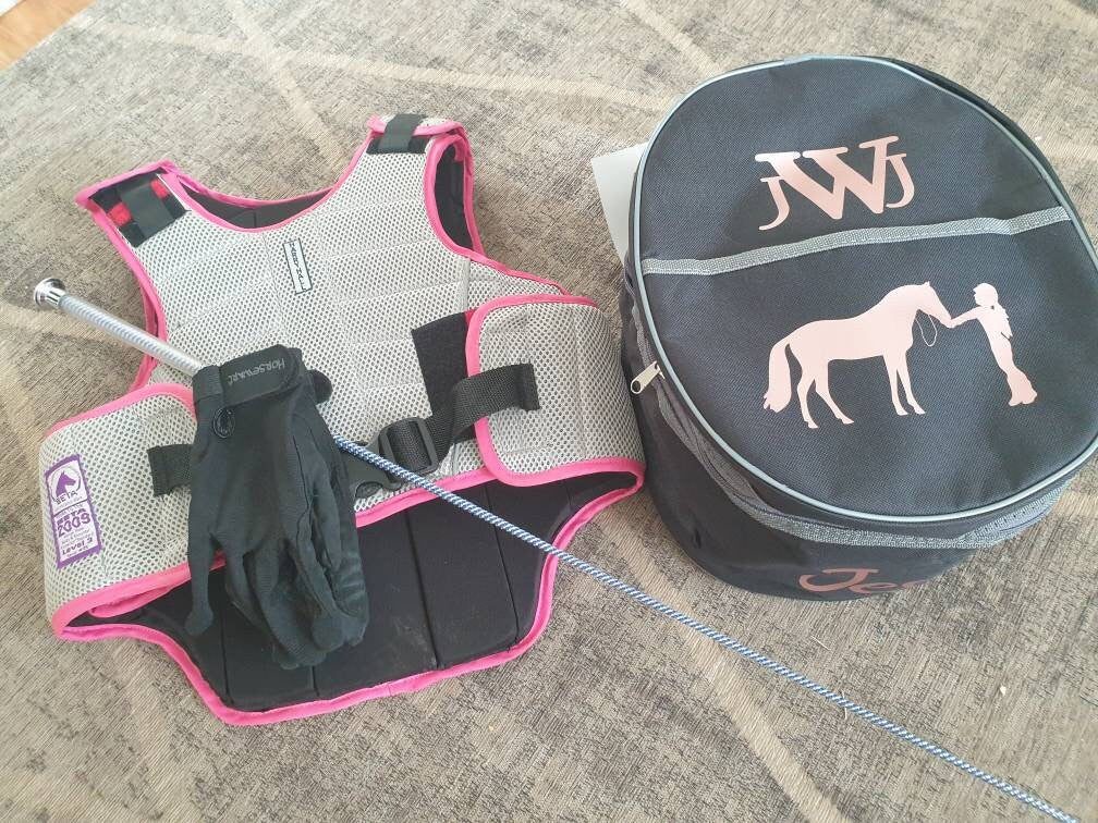 Navy Personalised Horse riding -  hat Lined bag with a front pouch- Birthday Gift Navy equestrian pony