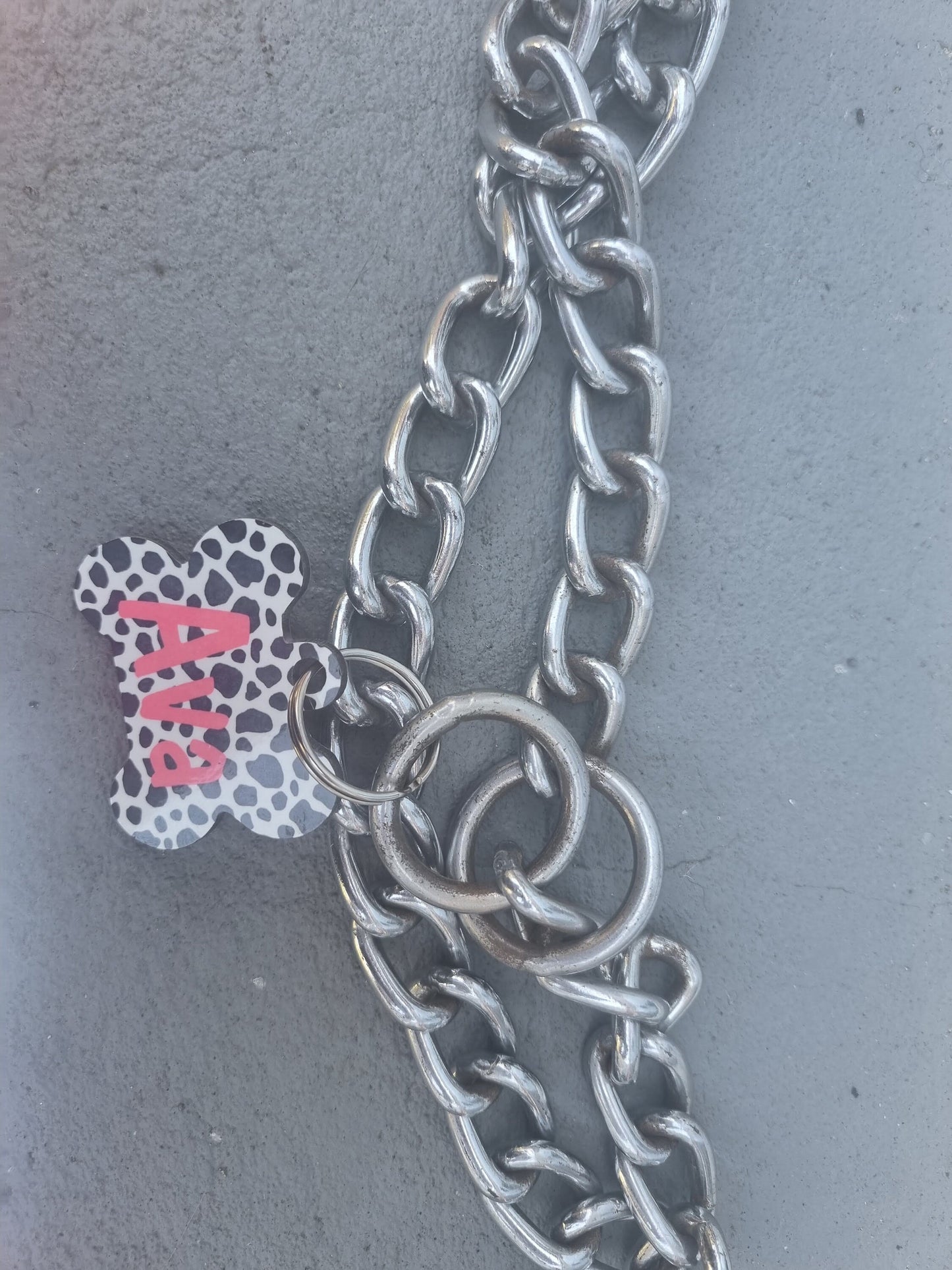 Pet tag, ID tag, name tag, contact details.. bone shape spotty Dog