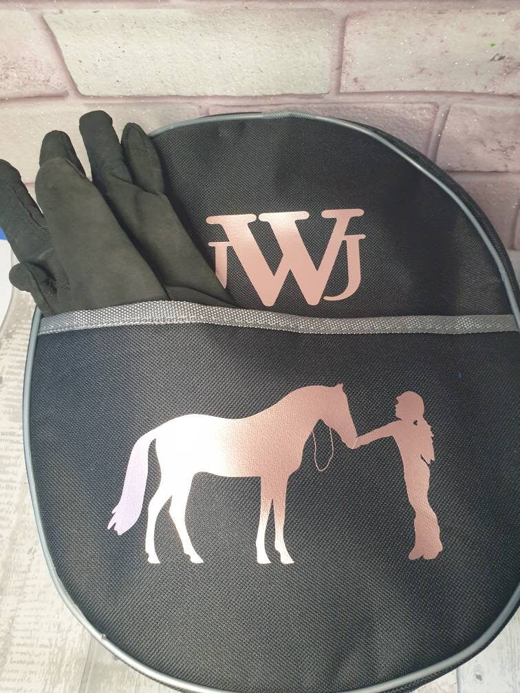 Black Personalised Horse riding -  hat/Helmet and gloves bag (equestrian, Pony) Birthday Gift